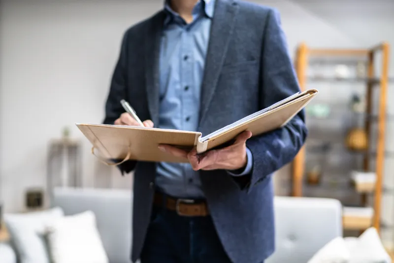 A person in a blue blazer holding an open notebook and writing with a pen, standing indoors in a modern, softly-lit room with shelves and furniture in the background.