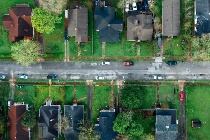 Home 146 Highangle aerial shot of a suburban neighborhood street line 1781024416